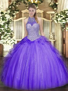 Lavender Tulle Lace Up Halter Top Sleeveless Floor Length Sweet 16 Dresses Beading and Ruffles