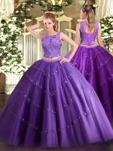 Dazzling Sleeveless Tulle Floor Length Lace Up Sweet 16 Dress in Purple with Beading and Appliques