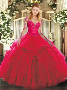 Lovely Long Sleeves Floor Length Lace and Ruffles Lace Up Ball Gown Prom Dress with Red