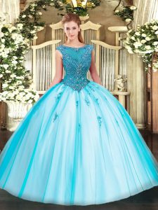 Cap Sleeves Tulle Floor Length Zipper 15 Quinceanera Dress in Aqua Blue with Beading and Appliques