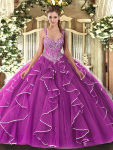 Super Fuchsia Ball Gowns Straps Sleeveless Tulle Floor Length Lace Up Beading Vestidos de Quinceanera