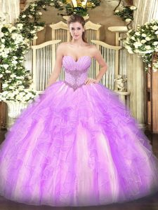 Beading and Ruffles 15th Birthday Dress Lilac Lace Up Sleeveless Floor Length