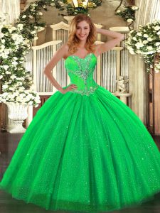 Green Tulle and Sequined Lace Up Vestidos de Quinceanera Sleeveless Floor Length Beading
