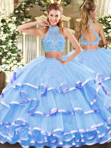 Halter Top Sleeveless Tulle Sweet 16 Quinceanera Dress Beading and Ruffled Layers Criss Cross