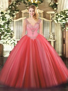 Shining V-neck Sleeveless Lace Up 15th Birthday Dress Coral Red Tulle