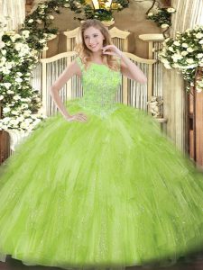 Tulle Scoop Sleeveless Zipper Beading and Ruffles 15 Quinceanera Dress in Yellow Green