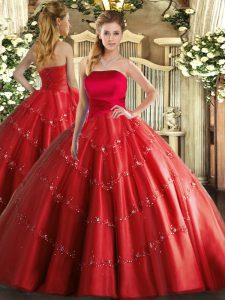 Strapless Sleeveless Lace Up Quinceanera Gowns Red Tulle