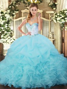 Stunning Aqua Blue Ball Gowns Organza Sweetheart Sleeveless Beading and Ruffles and Pick Ups Floor Length Lace Up Sweet 