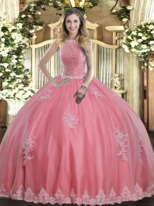 Baby Pink Sleeveless Tulle Lace Up Sweet 16 Quinceanera Dress for Military Ball and Sweet 16 and Quinceanera