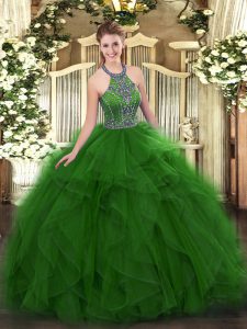 Simple Beading and Ruffles Quinceanera Dress Green Lace Up Sleeveless Floor Length