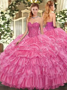 Superior Rose Pink Sleeveless Beading and Ruffled Layers and Pick Ups Floor Length Quince Ball Gowns
