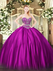 Artistic Fuchsia Satin Lace Up Sweetheart Sleeveless Floor Length Sweet 16 Dresses Beading