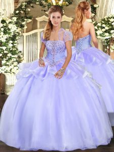 Most Popular Lavender Lace Up Strapless Appliques Sweet 16 Dress Organza Sleeveless