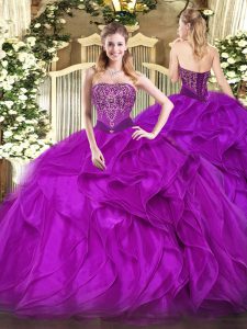 Organza Strapless Sleeveless Lace Up Beading and Ruffles 15th Birthday Dress in Purple