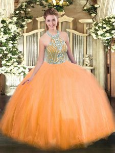Floor Length Lace Up Sweet 16 Dresses Orange for Military Ball and Sweet 16 and Quinceanera with Beading