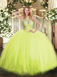 Ideal Tulle Halter Top Sleeveless Lace Up Beading Quinceanera Gowns in Yellow Green