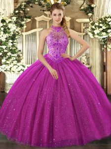 Suitable Floor Length Fuchsia Quinceanera Dress Halter Top Sleeveless Lace Up