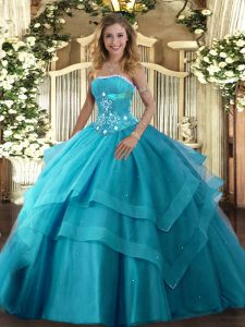 Sleeveless Floor Length Beading and Ruffled Layers Lace Up 15 Quinceanera Dress with Teal