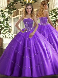 Glittering Lavender Strapless Neckline Beading and Appliques Sweet 16 Dresses Sleeveless Lace Up
