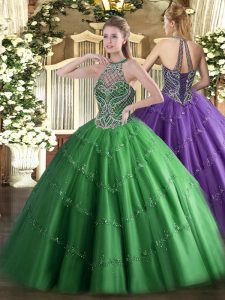 Halter Top Sleeveless Lace Up Sweet 16 Dress Green Tulle