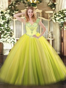Nice Sleeveless Floor Length Beading and Ruffles Lace Up Quinceanera Dresses with Yellow Green