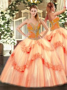 Edgy Peach Ball Gowns Tulle Sweetheart Sleeveless Beading Floor Length Lace Up 15 Quinceanera Dress