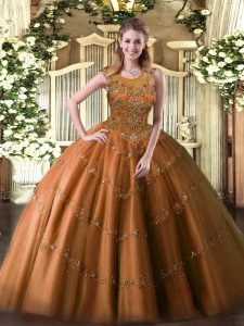 Rust Red Sweet 16 Quinceanera Dress Military Ball and Sweet 16 and Quinceanera with Beading and Appliques Scoop Sleevele