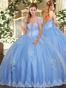 Strapless Sleeveless Lace Up 15 Quinceanera Dress Light Blue Tulle