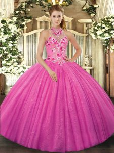 Hot Pink 15th Birthday Dress Military Ball and Sweet 16 and Quinceanera with Beading and Embroidery Halter Top Sleeveles
