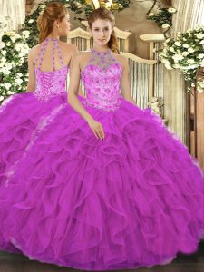 Exceptional Fuchsia Lace Up Quinceanera Gown Beading and Embroidery and Ruffles Sleeveless Floor Length
