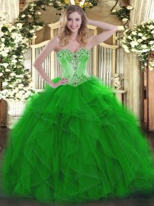 Sweetheart Sleeveless Ball Gown Prom Dress Floor Length Beading and Ruffles Green Organza