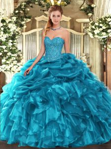 Teal Sweetheart Lace Up Beading and Ruffles and Pick Ups Quinceanera Gown Sleeveless