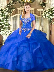 Inexpensive Blue Ball Gowns Sweetheart Sleeveless Tulle Floor Length Lace Up Beading and Ruffles Sweet 16 Dress