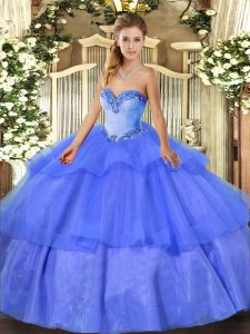 Floor Length Lace Up 15th Birthday Dress Blue for Military Ball and Sweet 16 and Quinceanera with Beading and Ruffled La