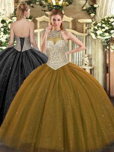 Brown Sleeveless Floor Length Beading Lace Up Quinceanera Gown