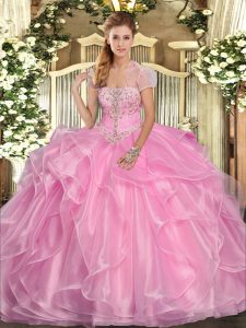 Shining Strapless Sleeveless Lace Up 15 Quinceanera Dress Rose Pink Organza