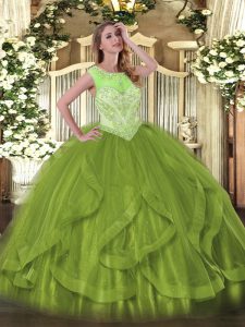 Olive Green Ball Gowns Tulle Scoop Sleeveless Beading and Ruffles Floor Length Lace Up Ball Gown Prom Dress