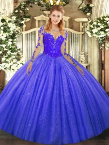 Adorable Blue Tulle Lace Up Scoop Long Sleeves Floor Length Sweet 16 Dress Lace