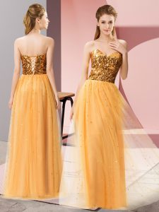 Shining Floor Length Gold Prom Dress Tulle Sleeveless Sequins