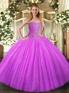 Discount Lilac Tulle Lace Up Sweetheart Sleeveless Floor Length Quince Ball Gowns Beading