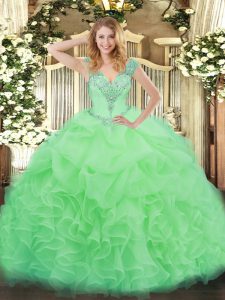 Shining Apple Green Organza Lace Up V-neck Sleeveless Floor Length Sweet 16 Dress Ruffles