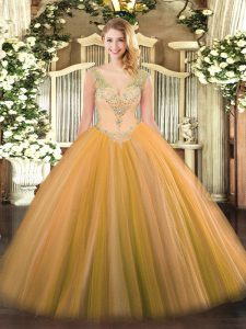 Customized V-neck Sleeveless Lace Up Quinceanera Dress Gold Tulle