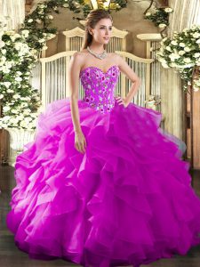 Simple Fuchsia Organza Lace Up Sweetheart Sleeveless Floor Length Quince Ball Gowns Embroidery and Ruffles