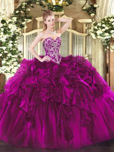 Exquisite Fuchsia Ball Gowns Organza Sweetheart Sleeveless Beading and Ruffles Floor Length Lace Up 15th Birthday Dress