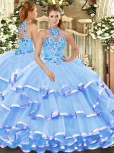 Sleeveless Organza Floor Length Lace Up Ball Gown Prom Dress in Baby Blue with Beading and Embroidery
