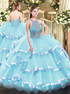 Enchanting Aqua Blue Lace Up Halter Top Beading and Ruffled Layers Quinceanera Dress Tulle Sleeveless