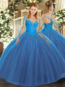 Teal Ball Gowns Scoop Long Sleeves Tulle Floor Length Lace Up Lace Quinceanera Dresses