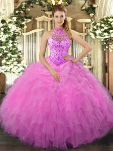 Floor Length Rose Pink Sweet 16 Dress Halter Top Sleeveless Lace Up