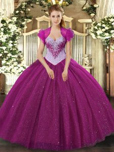 Adorable Fuchsia Sleeveless Beading and Sequins Floor Length Quinceanera Gowns
