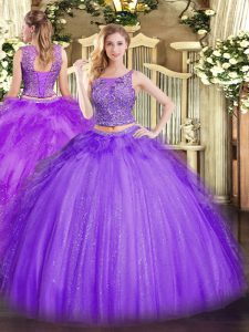 Dazzling Tulle Scoop Sleeveless Lace Up Beading and Ruffles Sweet 16 Dresses in Lavender